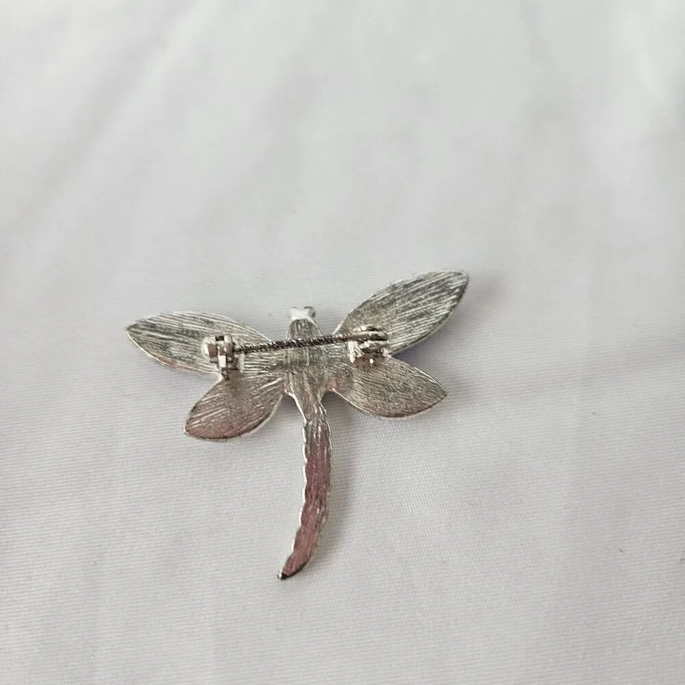 Vintage Dragonfly Brooch Pin/Pendant Silvertone Blue Stone Pearlized Wings
